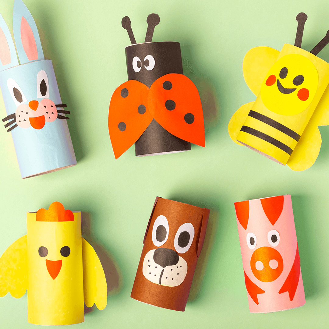 Colorful animal characters made from toilet paper rolls – fun crafts for kids at home.